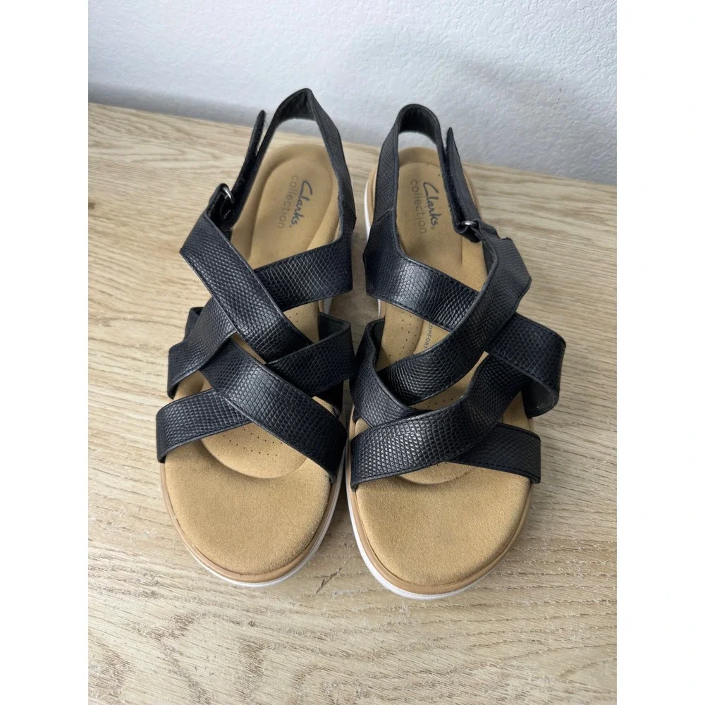 Clarks Collection Jillian Black Snakeskin Strappy Wedge Sandals‎ Womens 10W